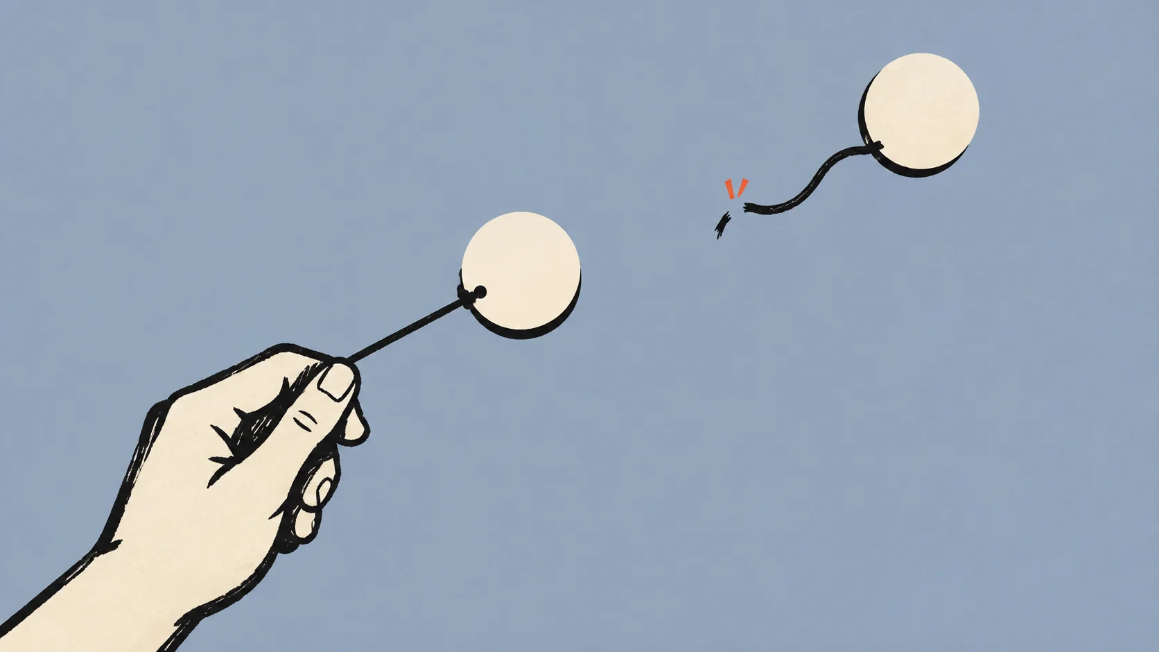 Hand holding a tethered token as another drifts away after its cord is cut. Photo: AI/BytePith.
