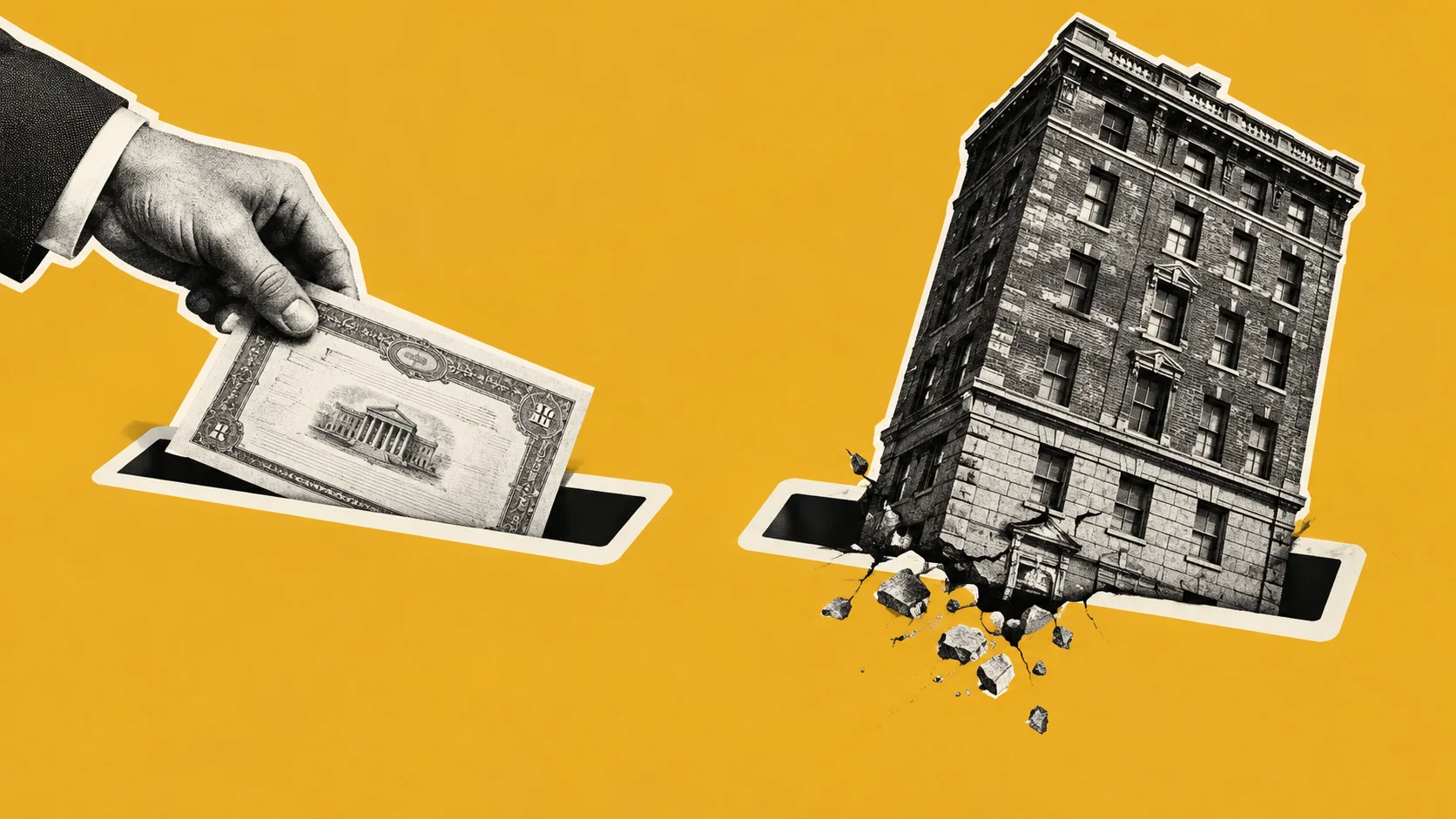 Bond slips through a slot while a brick building gets stuck. Photo: AI/BytePith.