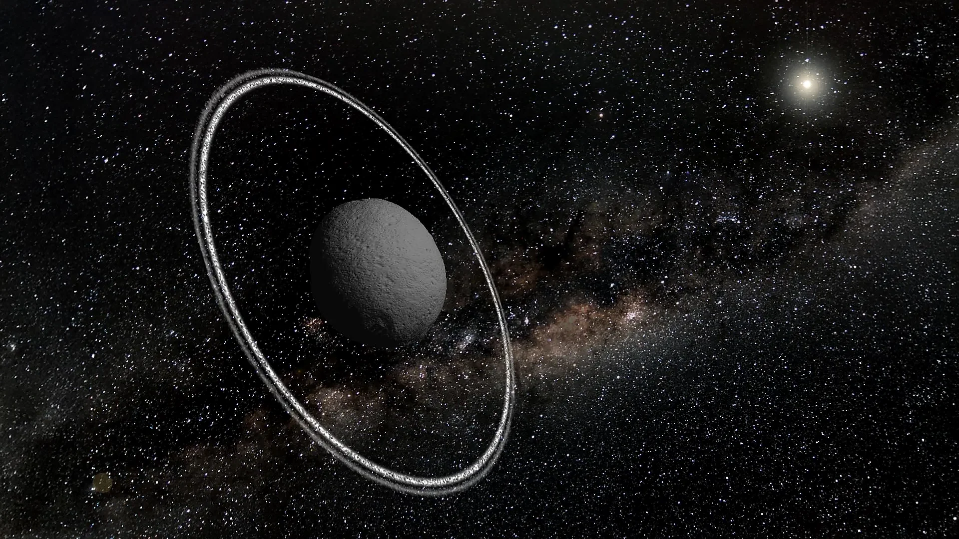 Artistic impression of centaur Chariklo and its ring system with the distant Sun. Illustration: L. Maquet, Observatoire