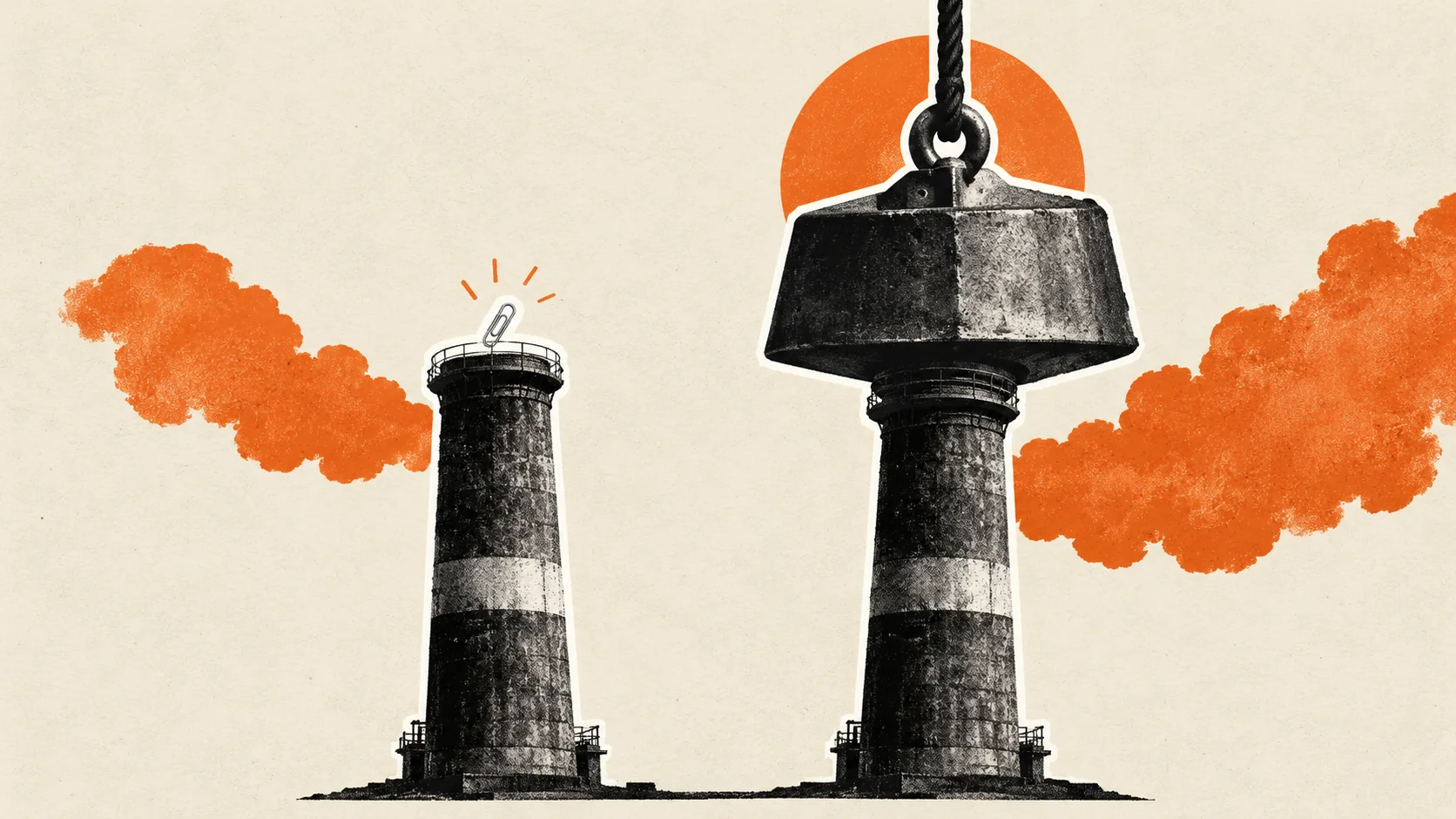 Two smokestacks facing unequal carbon costs. Photo: AI/BytePith.