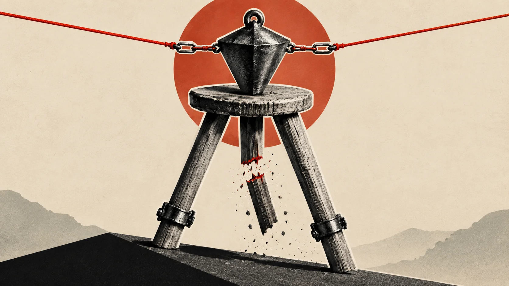 Mundell-Fleming trilemma shown as a collapsing three-legged stool. Photo: AI/BytePith.
