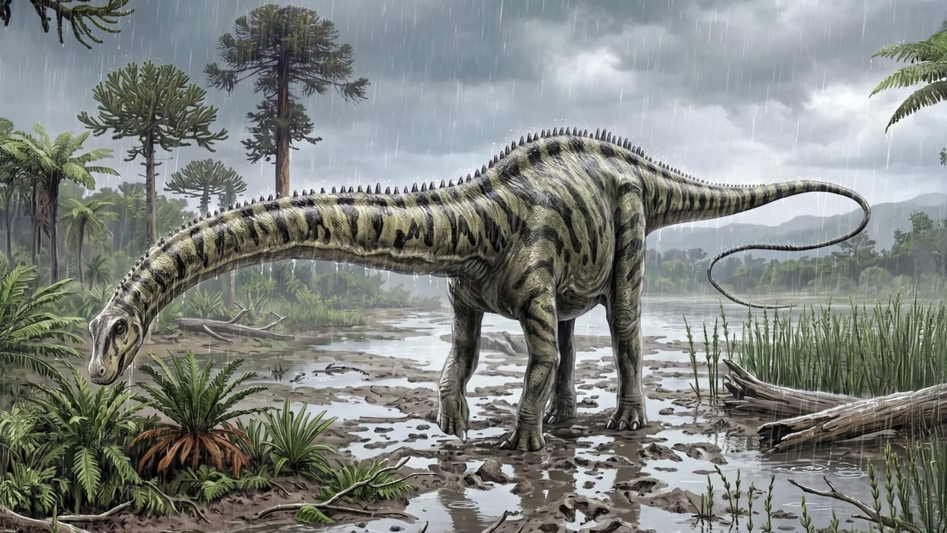 Detailed scientific illustration of a Diplodocus sauropod dinosaur. Illustration: Carmelo López.