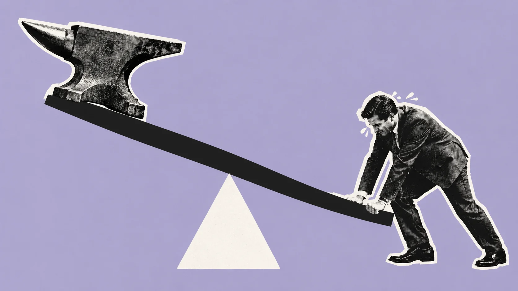 Businessman pushing down a lever to lift a heavy anvil.