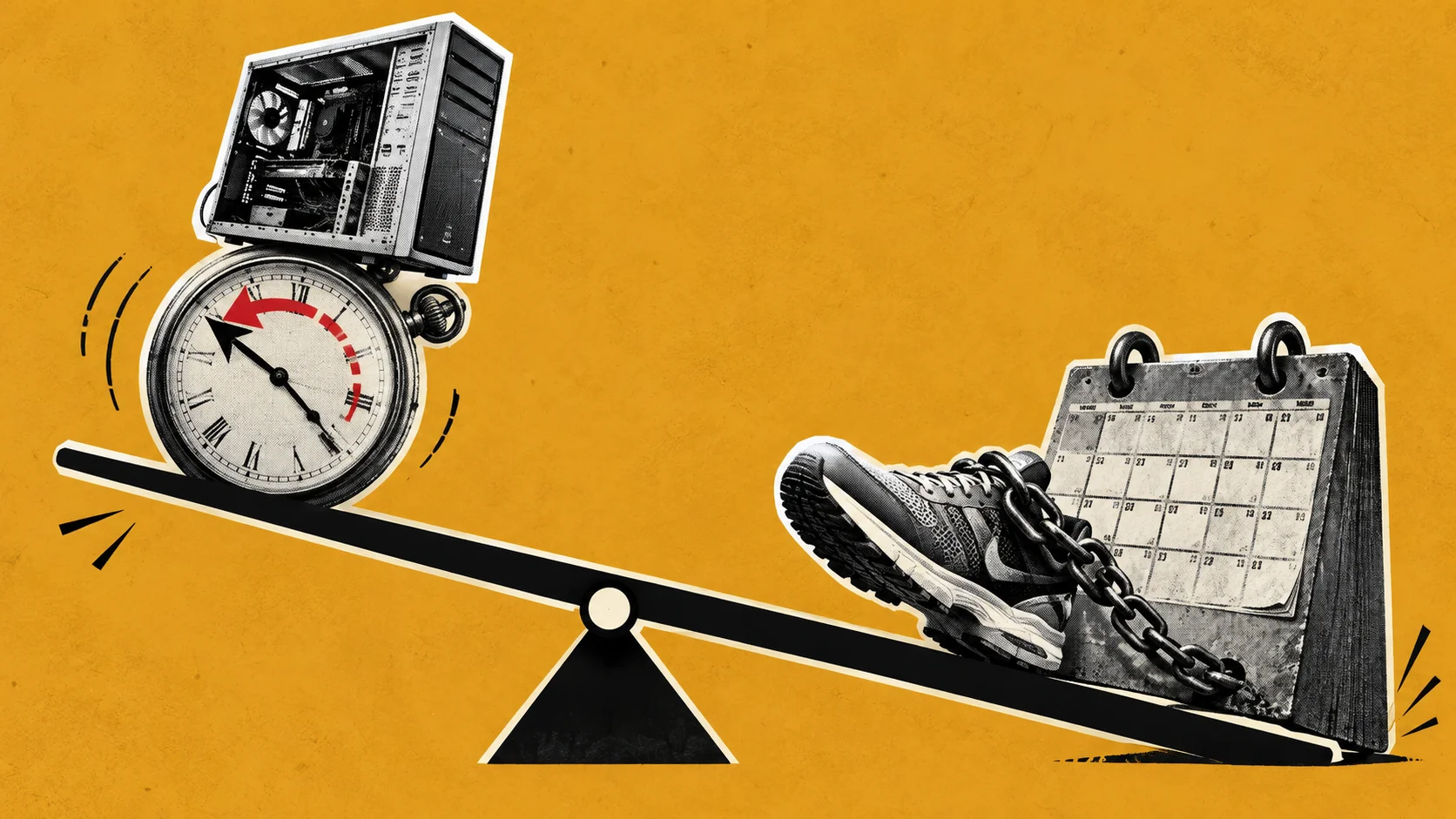 Vintage computer and pocket watch balanced against a chained sneaker and calendar on a seesaw.