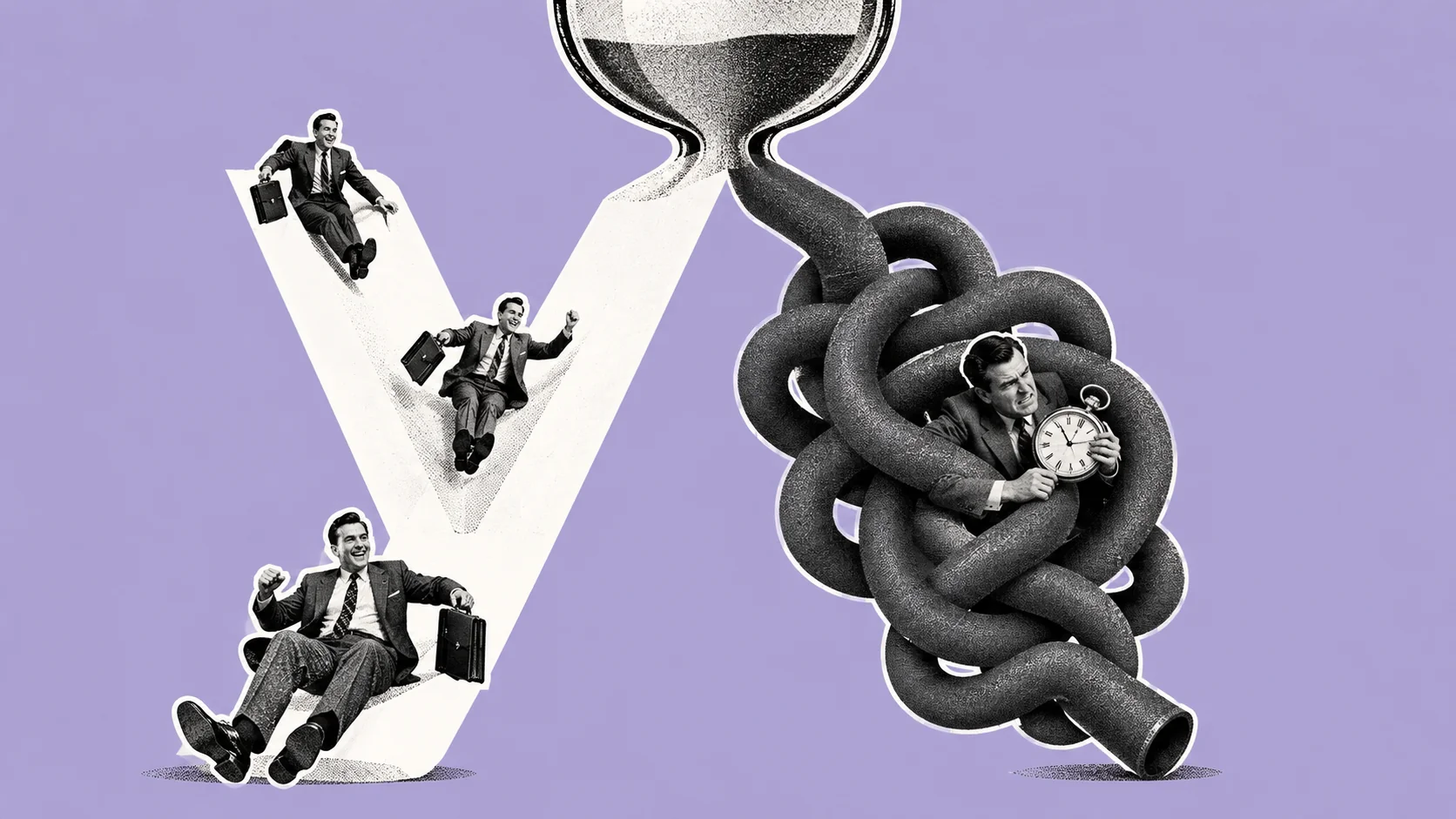 Vintage businessmen slide down a smooth path while another is trapped in a tangled pipe, symbolizing different bankruptc