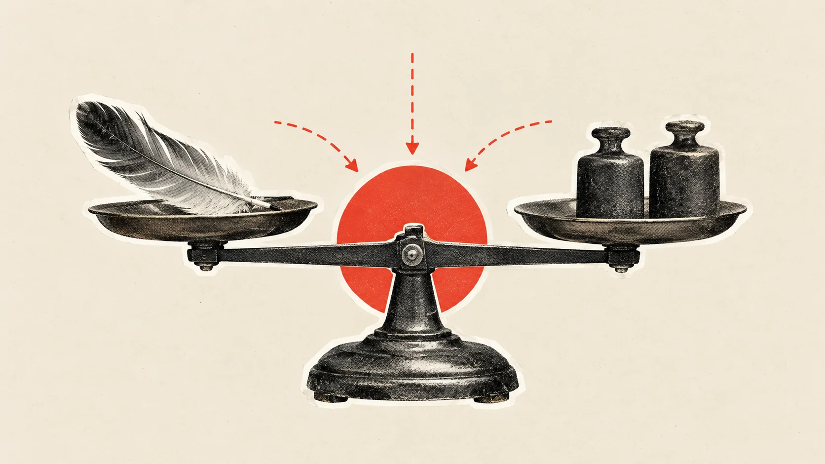 Vintage balance scale with feather and two weights.